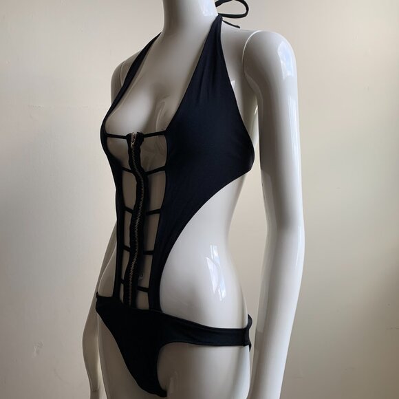 Sauvage Black zipper monokini cut out strappy one piece swimsuit - Picture 4 of 9